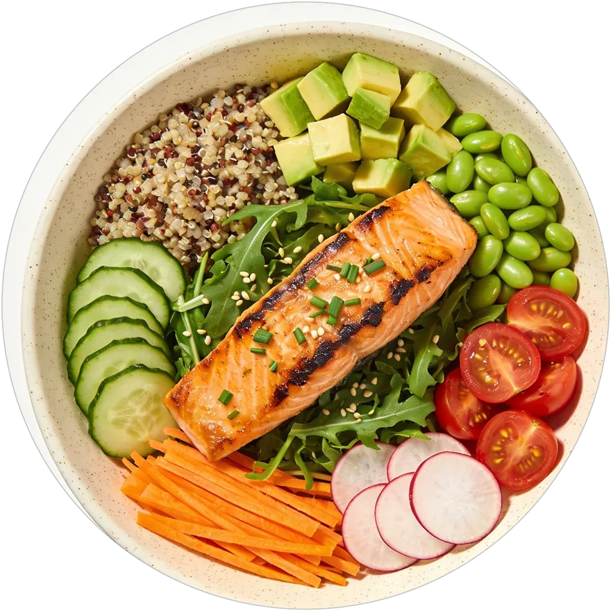 Σολομός bowl με κινόα, αβοκάντο, edamame και λαχανικά